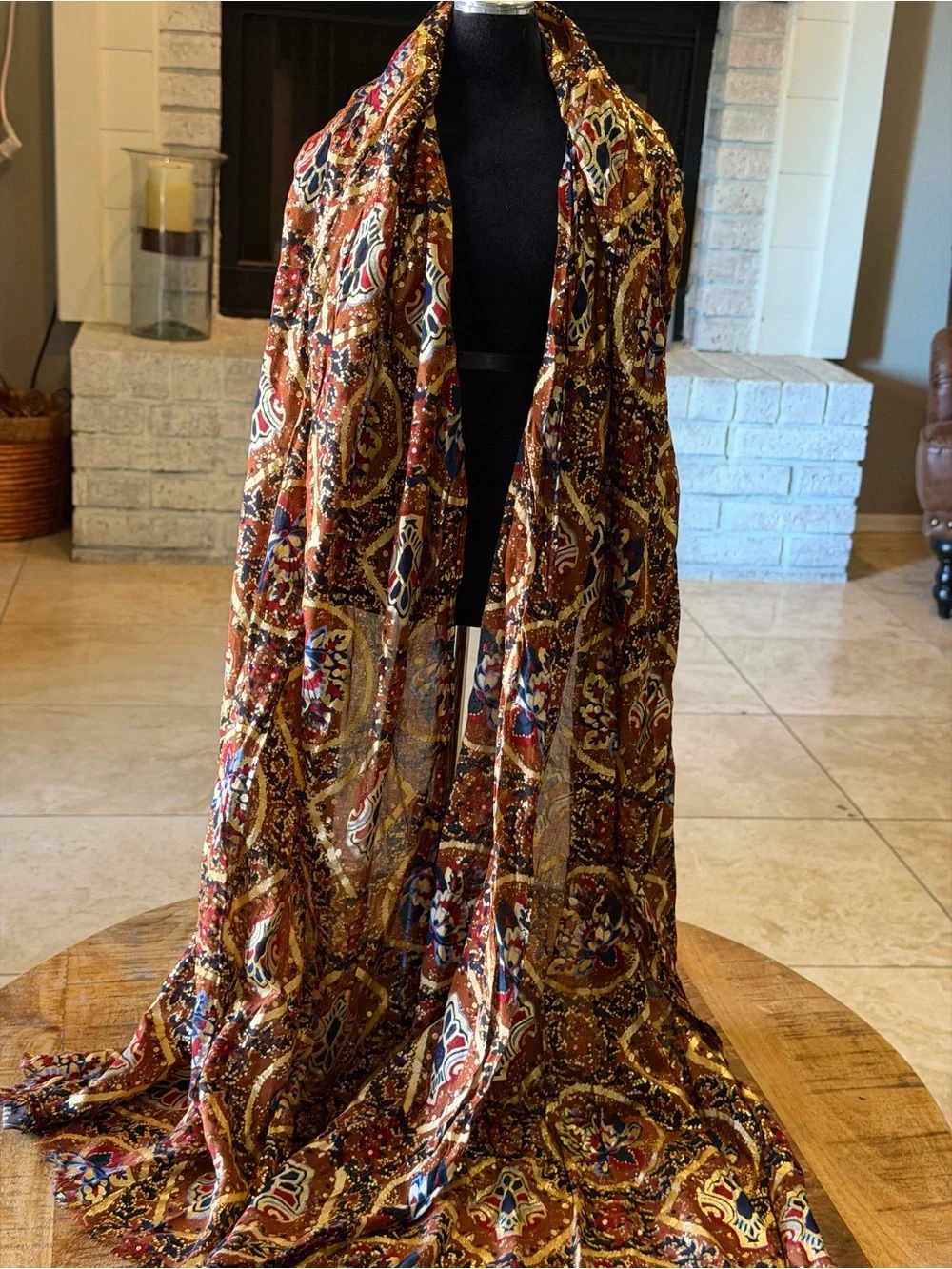 Patricia Nash Scarf Wrap Brown Metallic Gold Medallion Floral 100 Viscose NWOT